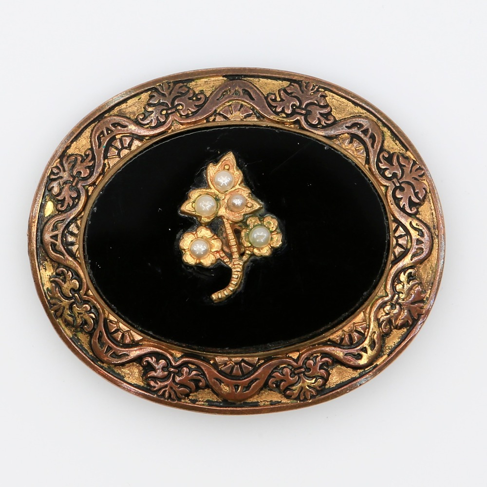 Vintage Victorian‎ Revival Brooch Black Glass Seed Pearl Floral Brooch Pin 1930s